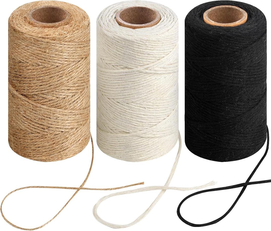 984 Ft Twine String, Natural Jute Twine, 2mm White Cotton Rope, 10ply Black Cotton for Crafts, Art, Gardening Plants, Gift Wrapping, Decoration, Packing String Bulk(3 Rolls)