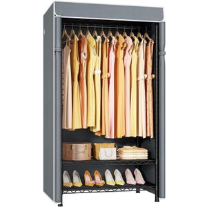 ULIFHOME H5C Clothes Rack with Cover, Portable Closet for Hanging Clothes, Covered Clothing Racks Heavy Duty, Garment Racks with Shelves, Max Load 360LBS, Black Closet Rack with Gray Cover
