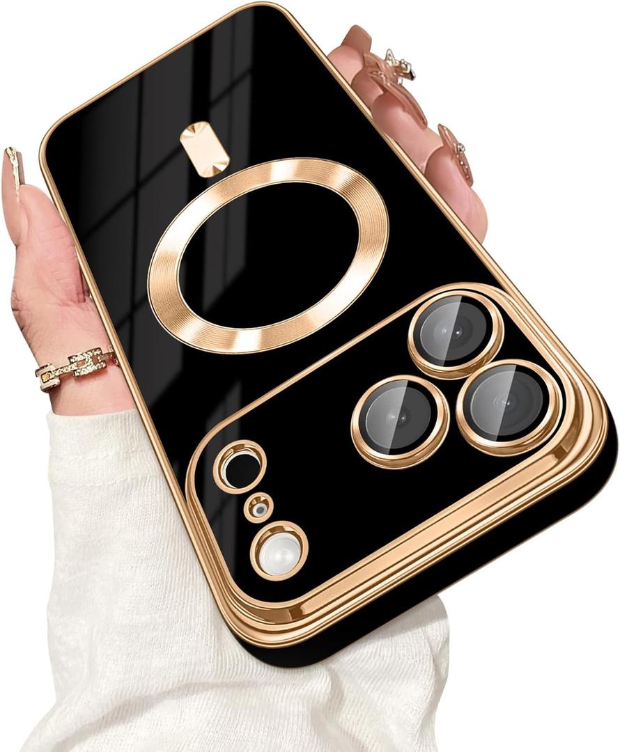 Dinick Designed for iPhone 17 Pro Case with Magnetic [Built-in Camera Cover] Compatible with MagSafe Soft TPU Glitter Cover Anti-Scratch Protective Slim for iPhone 17 Pro Case Black and Gold