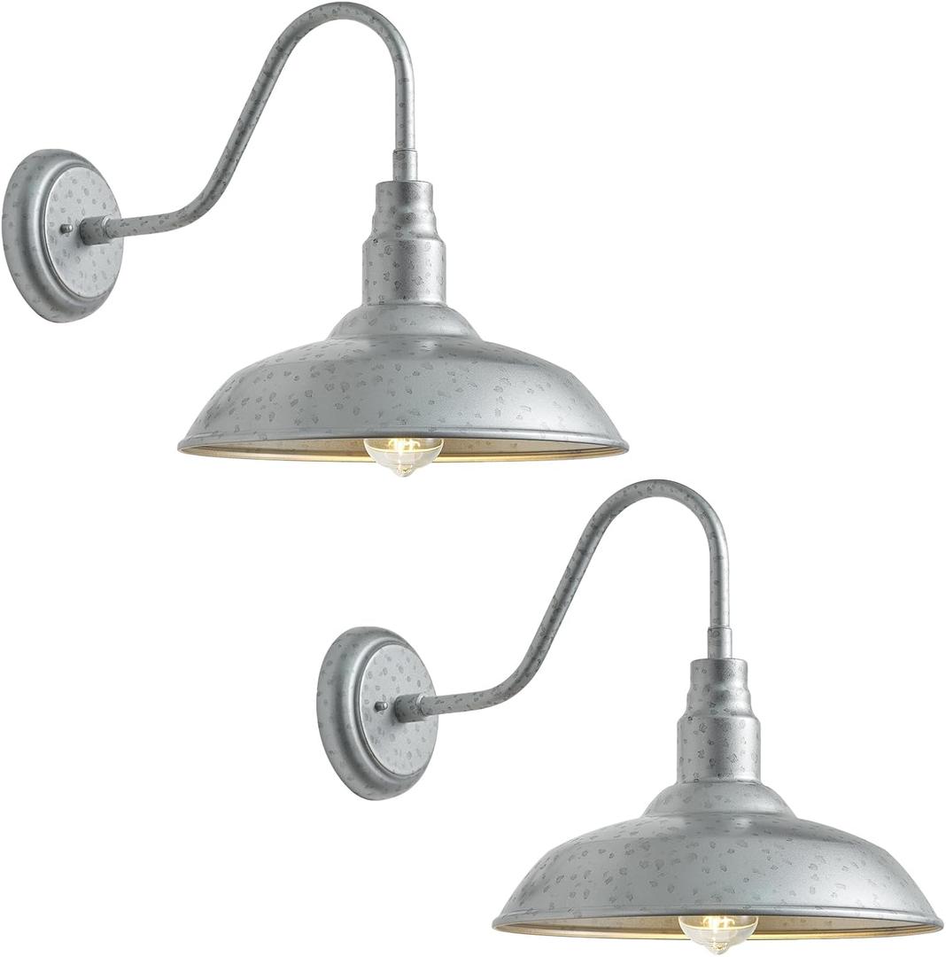 10in. Dome Outdoor Gooseneck Barn Light, 2 Pack Galvanized Steel Exterior Gooseneck Lighting Fixture with Wall Mount Farmhouse Style Outside Barn Door Wall Sconce, Waterproof, LM2201-SV-2P
