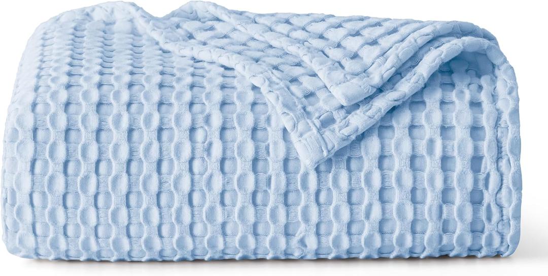 Bedsure Cooling Cotton Waffle Weave Throw Blanket - Lightweight Breathable Blanket of Rayon Derived from Bamboo for Hot Sleepers, Luxury Throws for Bed, Couch and Sofa, Blue, 50x70 Inches