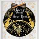 Moucuny Happy New Year Decorations 2026 Cheers to the New Year Front Door Sign Black and Gold Wreaths Wooden Hanging Welcome Door Hanger Farmhouse Sign for Home Front Doors Decor