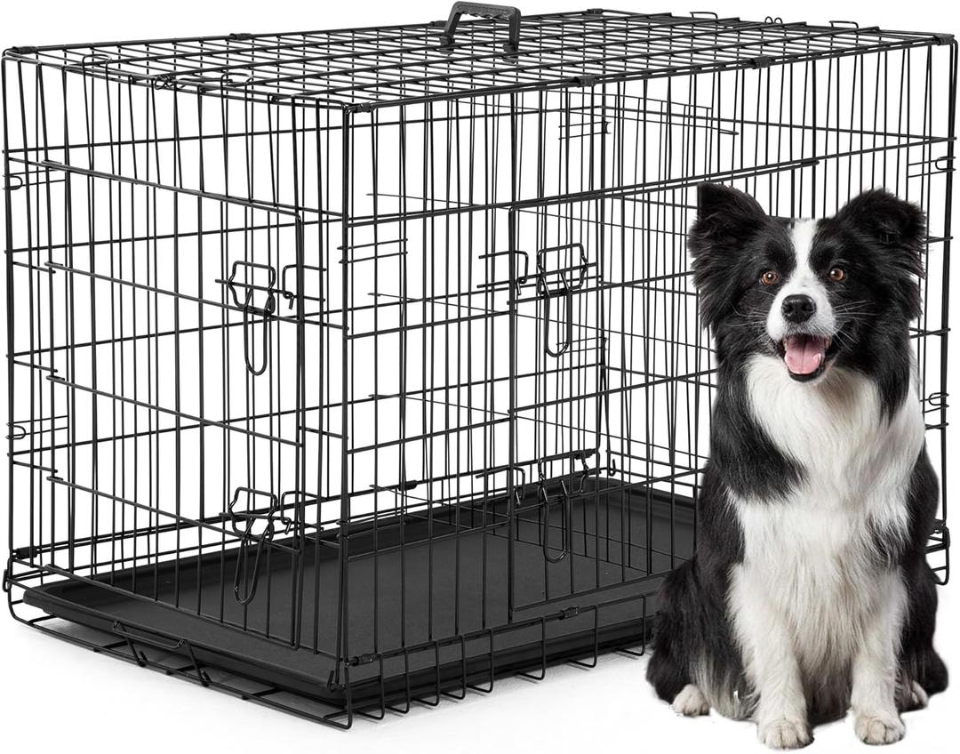 FDW XL Dog Crate Dog Kennel Cage with Double Door,42 inch Folding Metal Wire Dog Cage with Removable Tray&Divider Panel,Pet Crate for Medium Large Dogs,Black