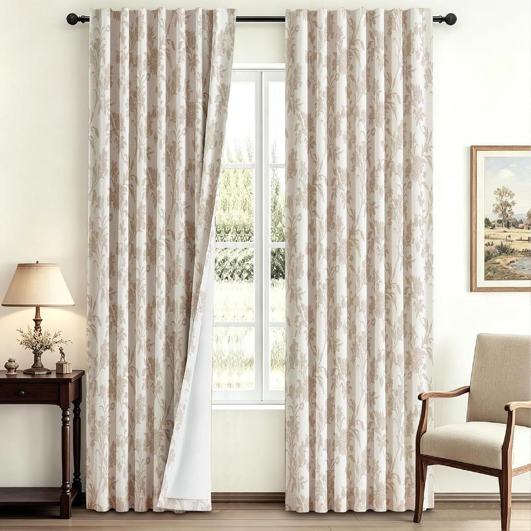 WOUVMA 100% Blackout Boho Floral Curtains Beige Floral French Country Curtains 84 inch Length Neutral Linen Curtain Vintage Bedroom Decor Set 2 Panels, 52"W x 84"L