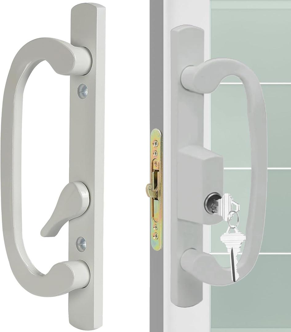 ACEPLANET Offset Position Keyed Sliding Patio Door Handleset with Mortise Lock, 45 Keyway, 3-15/16" H.C., Fits 1-3/8" to 2" Thick Doors, Non-Handed, White Diecast