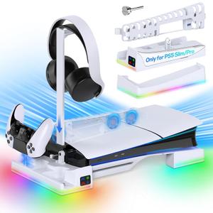 RGB Horizontal Cooling Station Stand for PS5 Slim /Pro Console with 2 Controller Charger, Auto Silent Cooling Fan for Playstation 5 Slim /Pro Disc &Digital with 14 Light Modes and Headset Holder