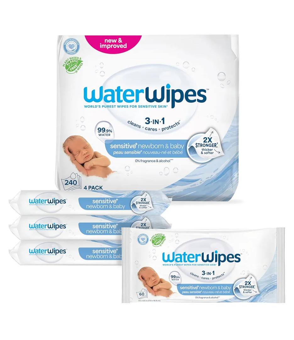 WaterWipes Sensitive+ Newborn & Baby Wipes, 3In1 Cleans, Cares, Protects, 99.9% Water, Unscented & Hypoallergenic, 720 Count (10 Packs)