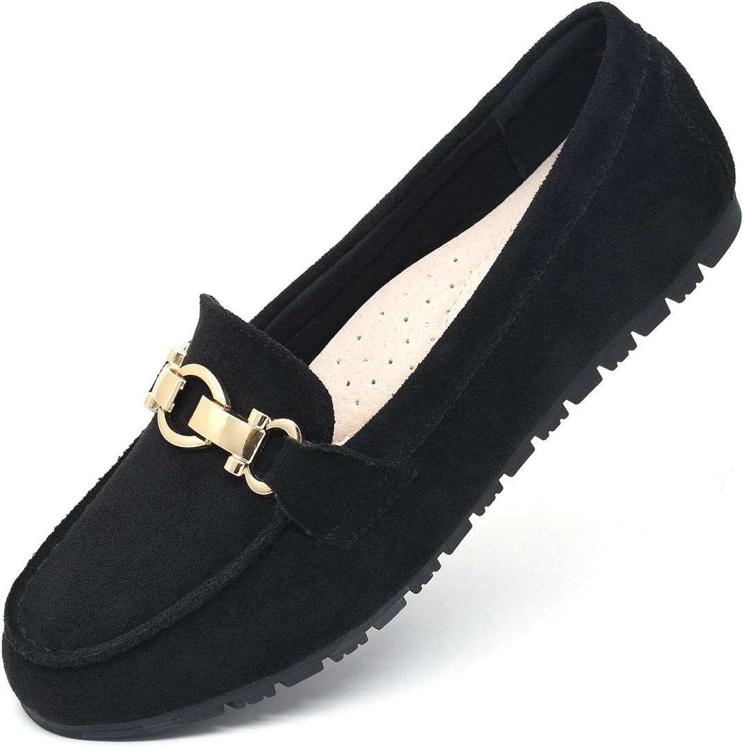 Loafers for Women Business Casual Shoes Comfortable & Lightweight Penny Loafers Slip On Work Flats (8.5 Wide, Black Suede)