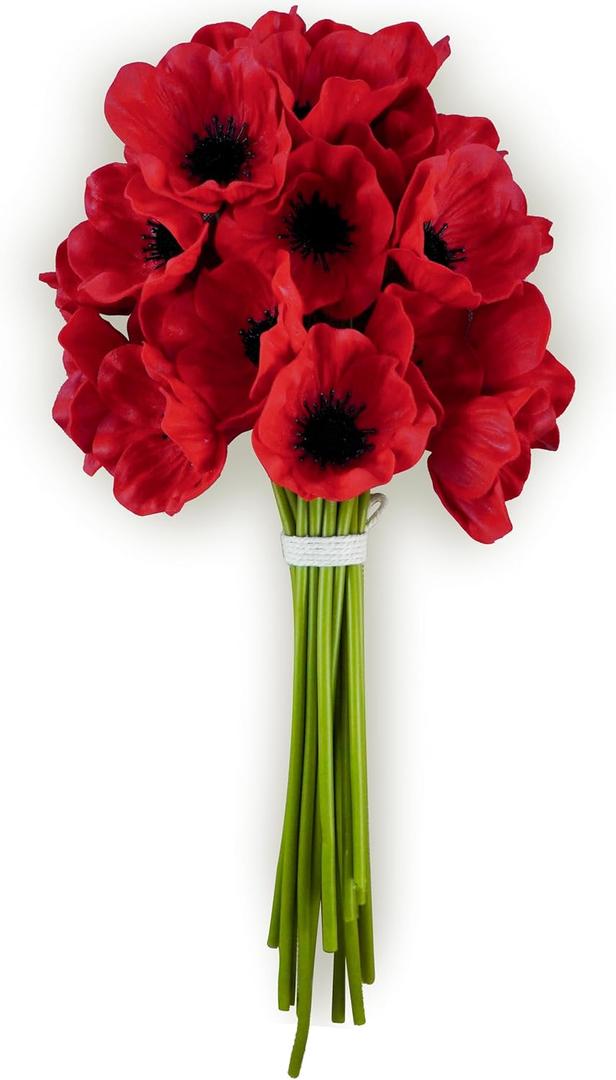 18 Pcs Real Touch Red Anemone Flowers  Artificial Poppies with Black Center, Faux Wildflowers for Wedding Bouquet, Valentine's Decor, Christmas Centerpieces, DIY Floral Arrangement