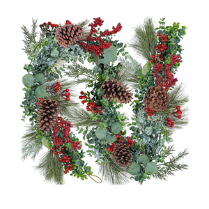 Winlyn 6' Long Artificial Eucalyptus and Pine Christmas Garland with Pine Cones Red Berries Pine Needles Winter Greenery Garland Christmas Season Holiday Wedding Table Runner Centerpiece Mantel Decor