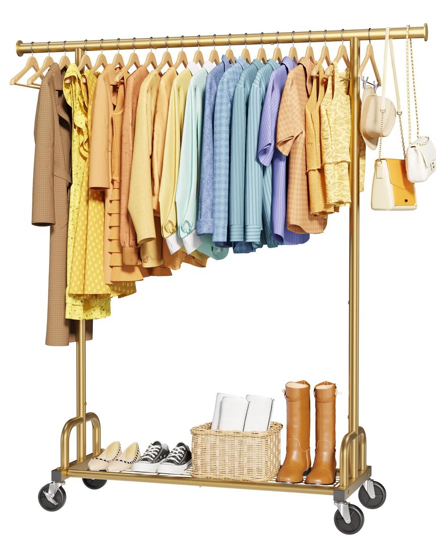 Clothes Rack - Large-Capacity Clothing Racks for Hanging Clothes with Lockable Wheels, Space-Saving Metal Coat Rack for Bedroom, Laundry Room, Entryway, 45.6" x 16.9" x 59", Gold