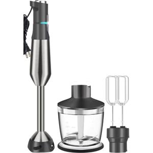 Immersion Blender RPM 1600010% Scratch Resistant Hand Blender,15 Speed and Turbo Mode Hand Mixer, 3-in-1 Heavy Duty Copper Motor Stainless Steel Smart Stick with Egg Beaters and Chopper (Grey)