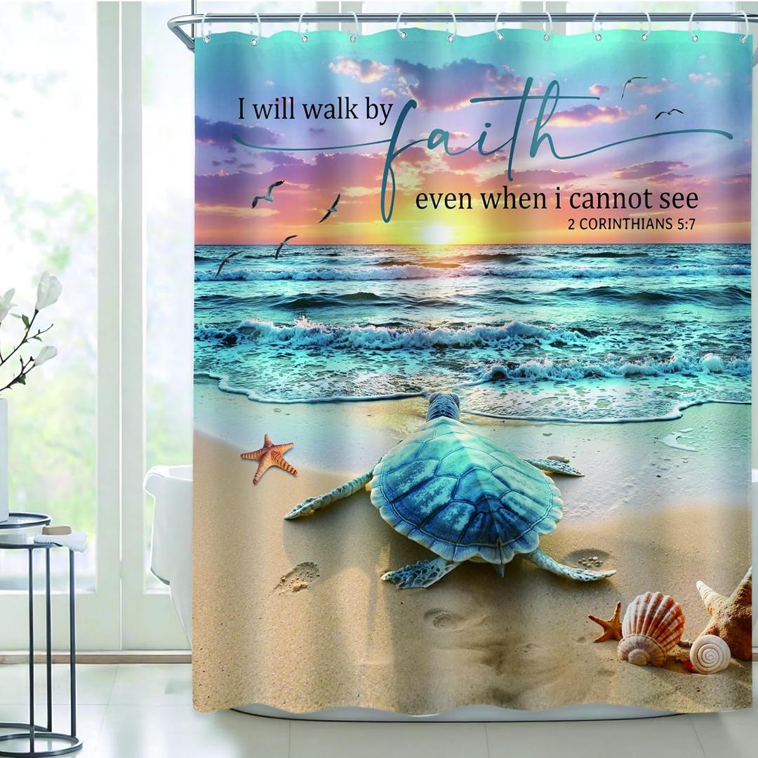 Riyidecor Beach Turtle Shower Curtain 60Wx72H Inch Bible Verse Curtain Ocean Sea Animal Summer Coastal Seaside Scenic Christian Quote Landscape Bathroom Decor Fabric Polyester Waterproof 12 Pack Hooks