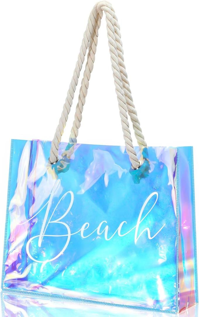 Sweetude Clear Beach Tote Bag Transparent Plastic PVC Women's Large Tote Waterproof Stadium Bags for Girl Summer Pool Party(Holographic)