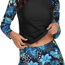 Daci Women Two Piece Rash Guard Long Sleeve Swimsuits UV UPF 50+ Swim Shirt Bathing Suit with Boyshort Bottom (Medium, Leaf Print)