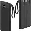 VRURC Portable Charger with Built in Cables, Slim Power Bank 10000mAh, USB C Battery Pack Travel Essential, 5 Outputs 2 Inputs Phone Charging Bank for iPhone 16 15 14 13,Samsung,Android-Black(1 Pack)