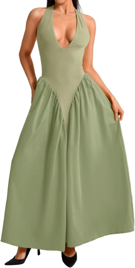 ChiaoLezhee Deep V Neck Dress Halter Maxi Dresses Vacation Date Night Sexy for Women Corset Flowy Wedding Guest Drop Waist Bridesmaid Formal A Line Backless Tea Garden Party Pastel Sage Green, Large