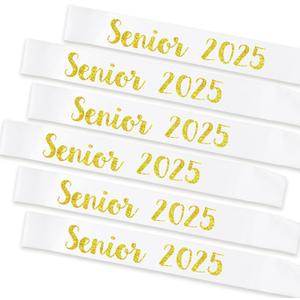 6PCS Senior 2025 Sash, Gold Glitter White Finally Graduated 2025 Senior Cheerleader Sashes for Graduation Party Decorations Supplies