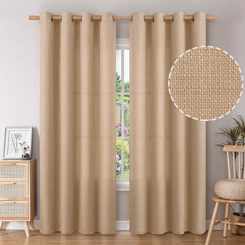 BGment Tan Curtains 84 Inch for Living Room - Light Filtering Faux Linen Look with Burlap Texture, Rustic Farmhouse Window Panels (Set of 2, 52" Wide)