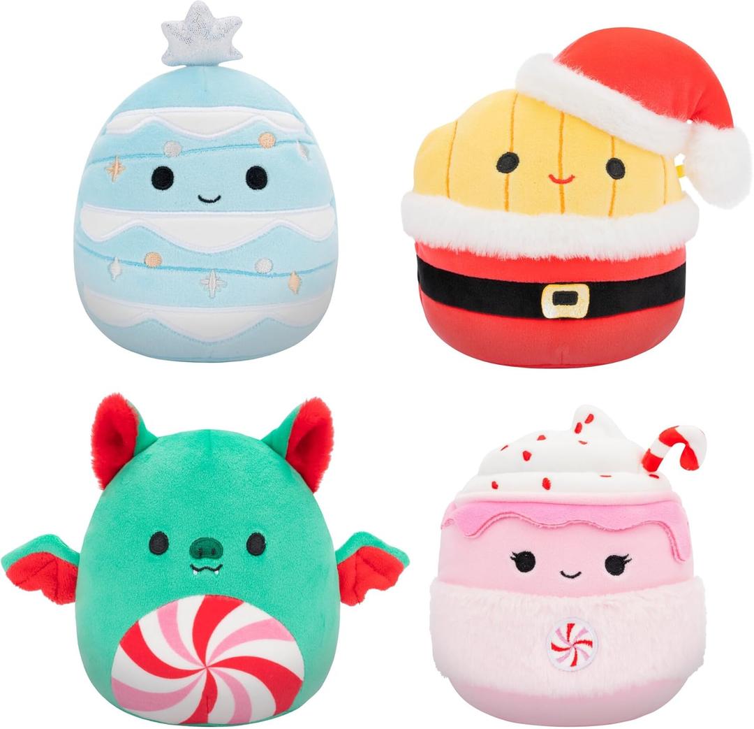 Squishmallows Original 5-Inch Holiday 4-Pack  Ethel Hot Chocolate, Floyd French Fries, Keiko Blue Christmas Tree, Ricardo Peppermint Bat  Official Jazwares Plush (Little)