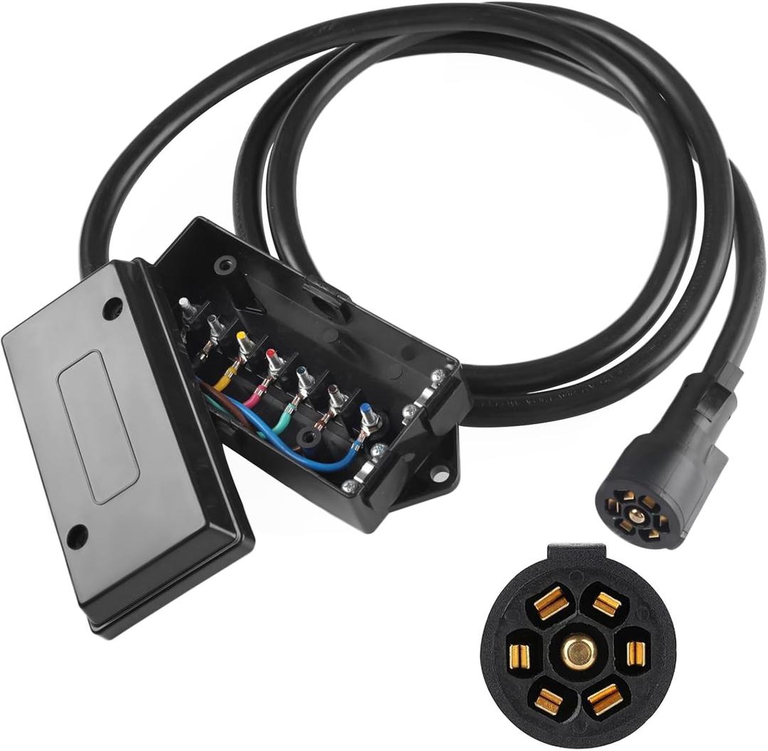 AUTOXBERT 8FT 7 Way Plug Trailer Cord 7-Pole 7 Pin Inline Junction Box Wiring Harness Kit Camper Truck Weather Proof RV Light Plug Socket (with Junction Box)