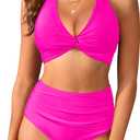 Yonique Women's Two Piece High Waisted Bikini Set Tummy Control Swimsuit Full Coverage Bathing Suit (Hlater-hot Pink, S)