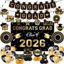 Graduation Decorations 2026 Gold Themed Set, Congrats Grad Banner Class of 2026 Backdrop Balloons and Streamers Kit High School and College Graduation Party Supplies
