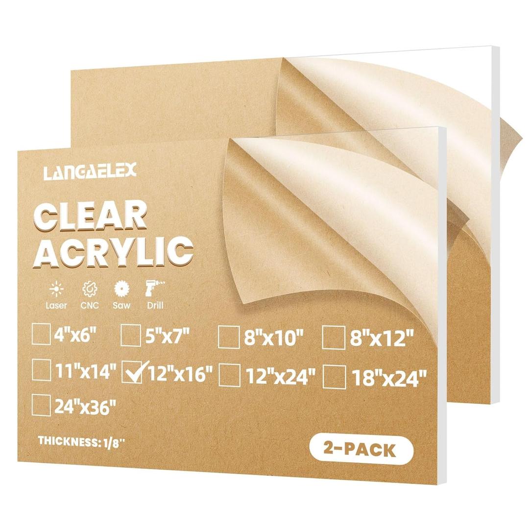 Plexiglass Sheets 1/8" (3mm) Thick - 2 Pack of 12x16 Clear Cast Acrylic Sheets for Laser Cutting, Signs, Glass Replacement, DIY and Crafts Project
