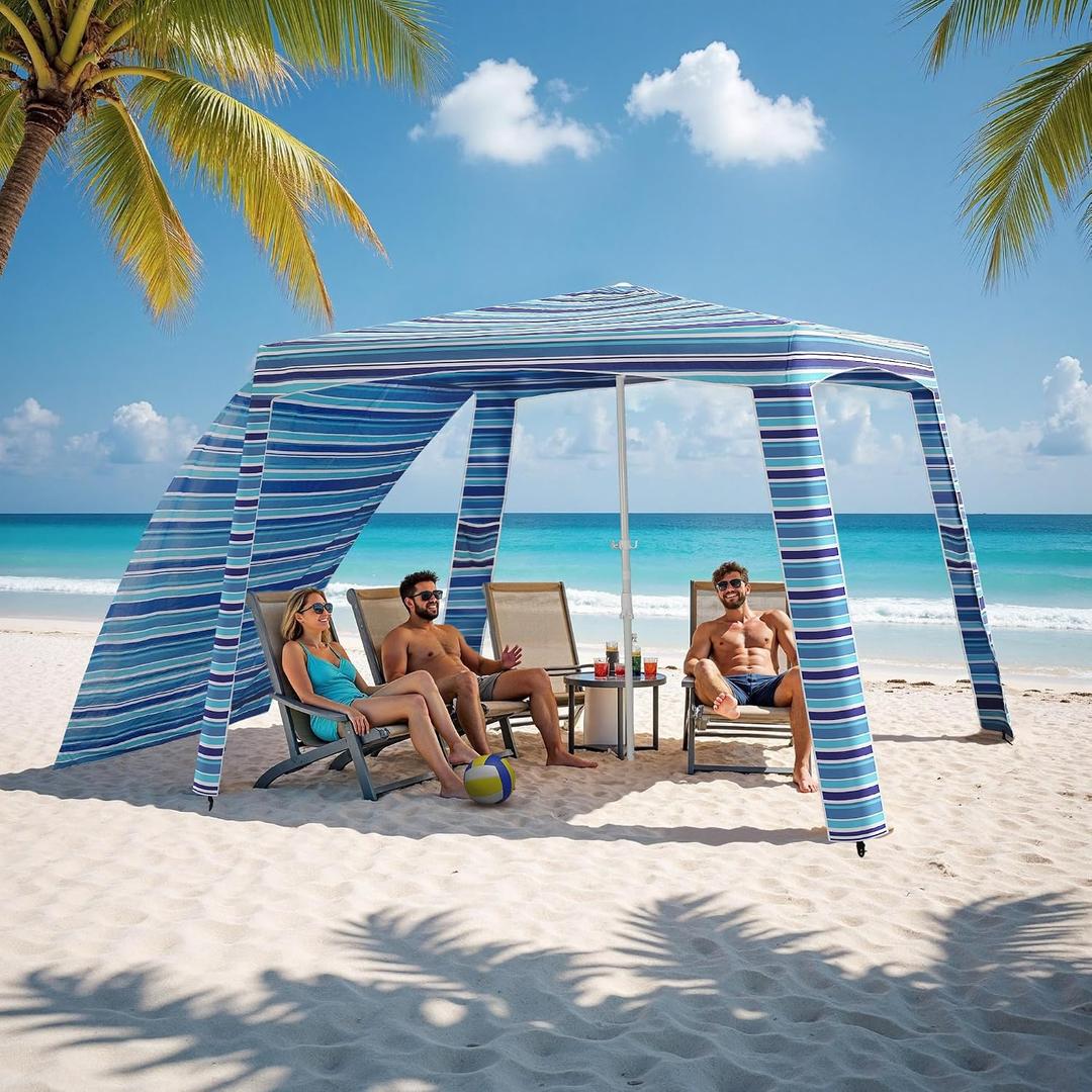 Beach Cabana-6.6x6.6’Beach Canopy with Side Wall,Portable Umbrella Tent with Sand Pockets for Family & Friends,Easy Up Beach Sun Shelter for Outdoor Patios,Backyards,and Camping,Stripe, 6.6ft x 6.6ft x 7.5ft