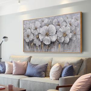 Flower Wall Decor White and Gray Floral With Golden Stamen Botanical Wall Art Framed Artwork for Walls Canvas Prints Painting for Living Room Bedroom Office Home Decor 29"x58"