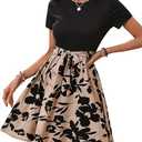 SweatyRocks Women's Graphic Short Sleeve Belted Mini Dress A Line Flared Skater Dresses, Size L