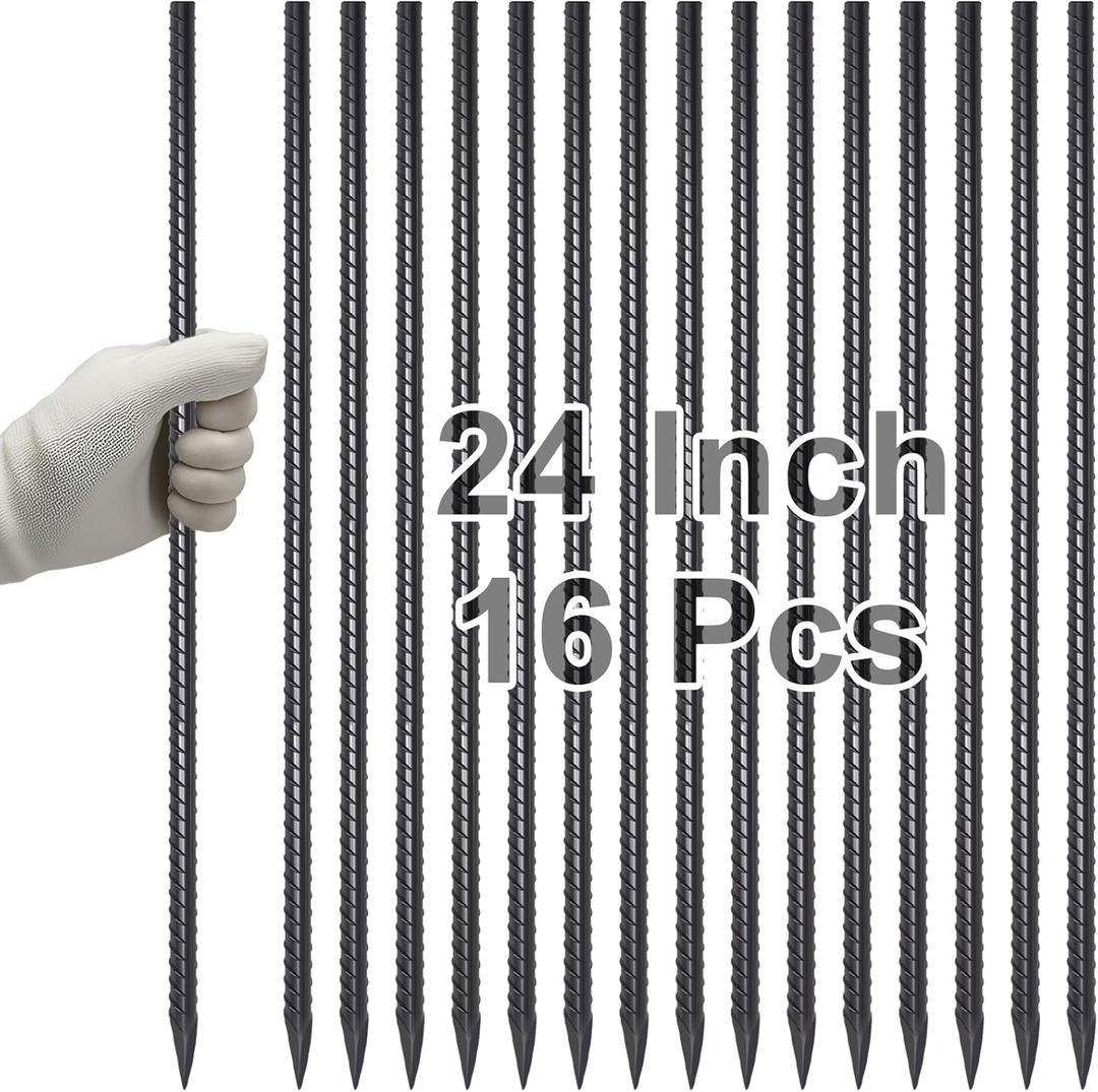 VVOKGO Rebar Stakes 24 Inch Ground Straight Rebar Stakes (16pcs), Heavy Duty Ground Anchors, 3/8" Diameter Steel Plant Support Garden Stake with Chisel Point End, Hammer Through Hard Soil for Camping (16Pcs-Black, I-24 Inch-3/8")