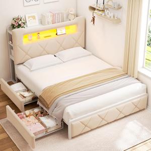 Full Upholstered LED Bed Frame with 2 Storage Drawers and 2-Tier Storage Headboard, Velvet Princess Platform Bed with Charging Station & Book case, Heavy Duty Metal Support, No Box Spring Needed, Beige
