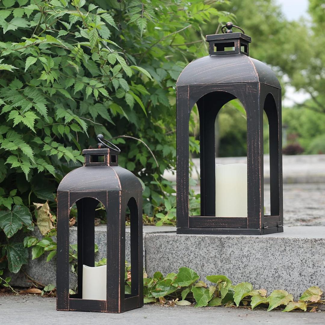 DECORKEY LED Lantern Decorative Outdoor&Indoor, Set of 2 (17&13) Black Metal Lanterns Decor, Vintage Hanging Candle Holder for Home Porch Wedding Halloween Christmas Decorations Battery Powered