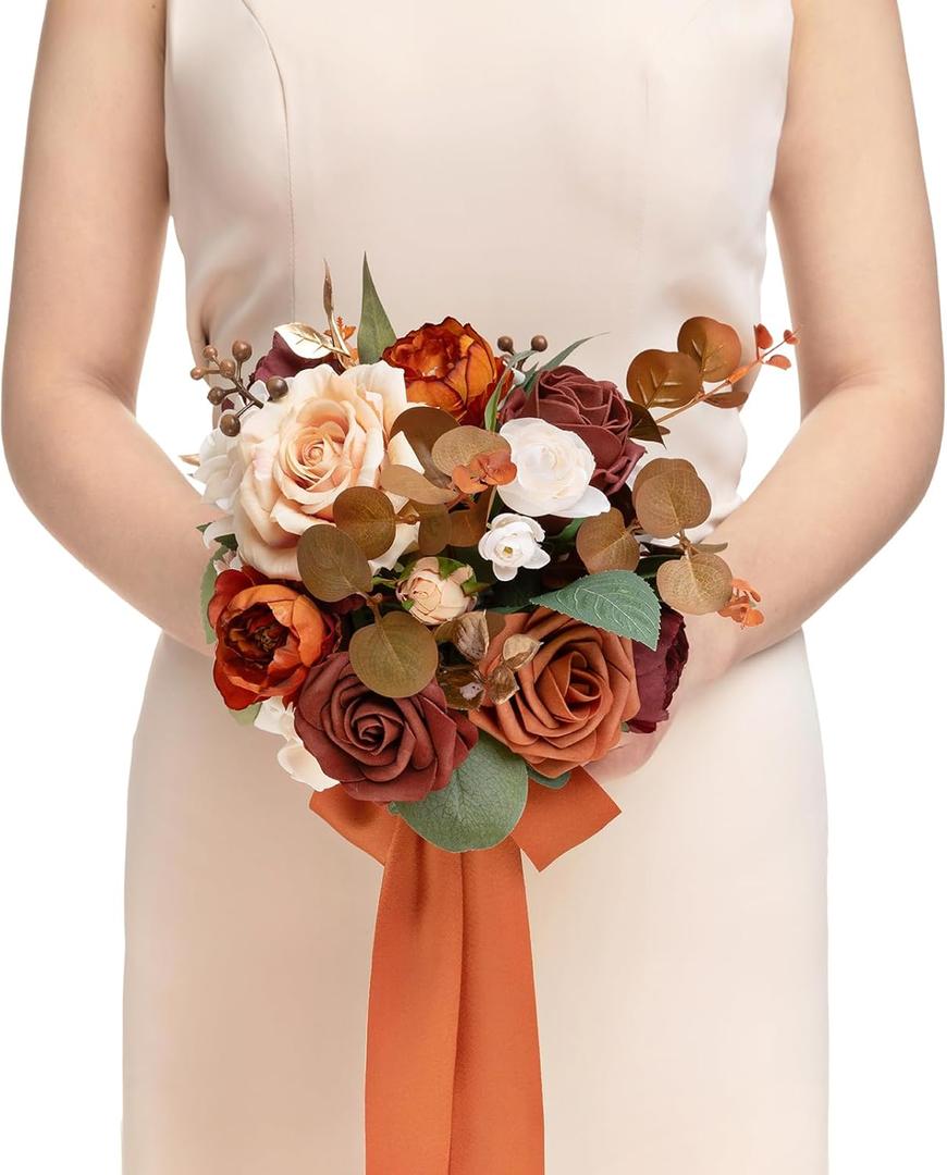 Ling's moment Terracotta Artificial Wedding Flower Bouquets for Bridesmaids Burnt Orange Floral Bouquet Rust Bridal Bouquets for Bridesmaids with Ribbon Ceremony Anniversary,7-inch Diameter