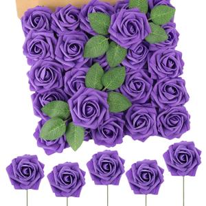 N&T NIETING Fake Flowers Purple Roses, 50Pcs Artificial Flowers Foam Roses with Stems for DIY Wedding Bridesmaid Bridal Bouquets Centerpieces Party Home Decoration Baby Showe