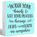 3 x Funny Bathroom Light Green Wood Sign WashYour Hands and Say Your Prayers Wood Block Sign for Bathroom Shelf Toilet Restroom Home Tabletop Desk Decor,Farmhouse Bathroom Wooden Box Sign
