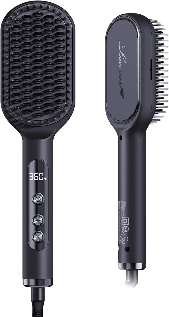 LANVIER Hair Straightener Brush, Ionic Straightening Brush with Infrared, Wide Plate Heated Smoothing Comb with Negative Ions, 32 Temps, Dual Voltage, Flat Iron Comb Styler for All Hair Type (Black)