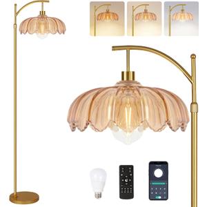 QIYIZM Glass Floor Lamp for Living Room,Bedroom,Gold Dimmable Standing Lamp with Remote,Mid Century Modern Brass Tall Lamp Boho Floor Lamps Arc Stained Flower Floor Light Lamp Bohemian - 2"D x 2"W x 2"H
