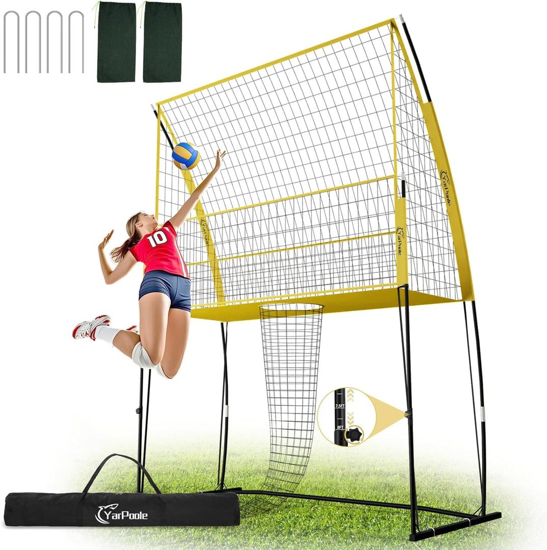 2-in-1 Volleyball Training Equipment - Adjustable Height Volleyball Practice Net System, Portable Volleyball Net for Indoor Outdoor Backyard Hitting Serving Passing Practice with Ball Return