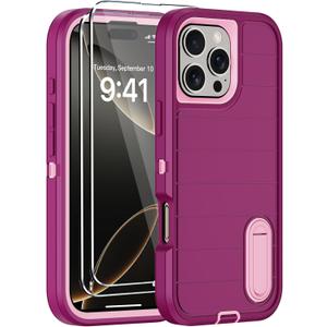 for iPhone 16 Pro Max Case with 2 Screen Protectors,Heavy Duty Shockproof Drop Protection Military Grade Tri-Layer Phone Cover with Built-in Invisible Kickstand for Apple 16 Pro Max (Purple)