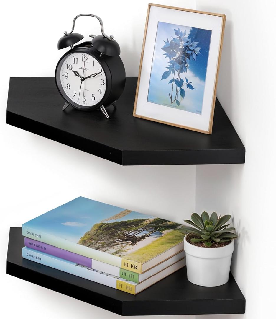 Demigo Corner Shelf Wall Mount, Set of 2 Solid Acacia Wood 11.8 x 16.5 inches Floating Corner Shelves, Smooth - Durable - Attractive Corner Shelves for Bedroom Living Room Bathroom Kitchen (Black)