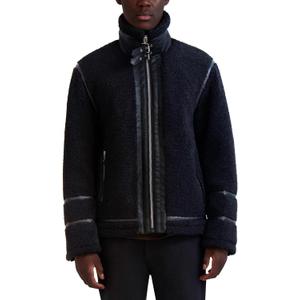 KARL LAGERFELD Men's Outerwear Banded Collar Faux Shearling Jacket With Leather Trims, S
