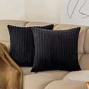 Kevin Textile Euro Sham Striped Corduroy Textured Velvet European Throw Pillowcase for Couch, 22 x 22 inch (55cm), 2 Pack, Black