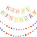 Buryeah Pastel Felt Happy Birthday Banner Colorful Garland Boho Confetti Pom Pom Rainbow Birthday Banner Reusable Sign Decoration for Festive Cute Candy Party Supply