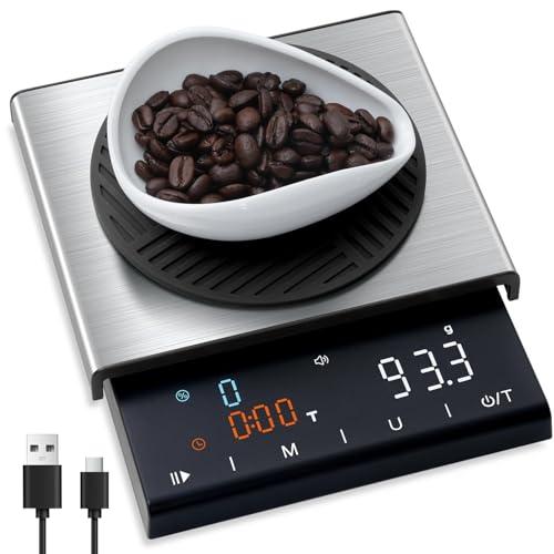 TIPRE Coffee Scale with Timer, 0.1g High Precision Espresso Scale, Pour Over Coffee Weight Scale Rechargeable Coffee Scale for Espresso with Color LED Display, Touch Sensor, Silicone Cover-3kg/6.6lb