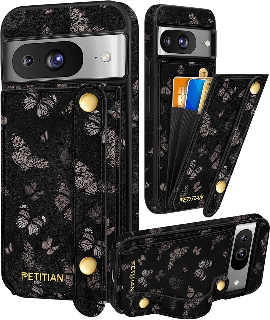 Petitian for Google Pixel 8 Case with Wallet - Women Girls Cute Girly Aesthetic Unique Design Leather Credit Card Holder Cardholder Stand Wristband for Pixel 8, Black Butterfly