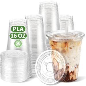 16 OZ Compostable Clear Plastic Disposable Iced Coffee Cups with Flat Lids, Biodegradable Cold Drinking To Go Coffee Cups for Party Smoothie, Slushy, Milkshake Lemonade 50 Sets