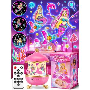 Little Mermaid Toys, 15 Soothing Sounds+18 Films+378 Colors Kids Night Light Projector, 360+Remote+Cordless+Pink Mermaid Birthday Gifts for Girls, Princess Toys Princess Room Decor[Dreamy Packaging]