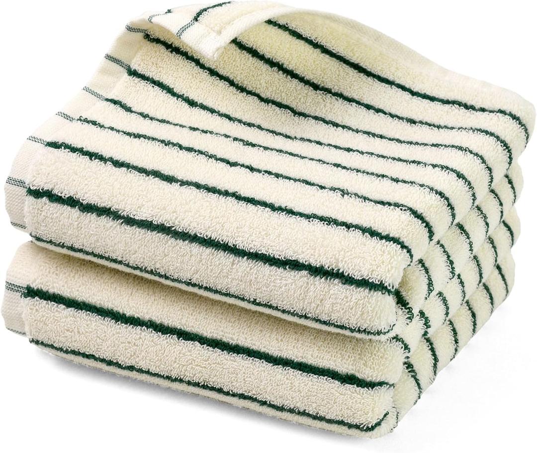 Jacquotha Green Striped Hand Towels for Kitchen, Vintage Bathroom Decor, Natural Cotton Tea Towel, 14” x 29”
